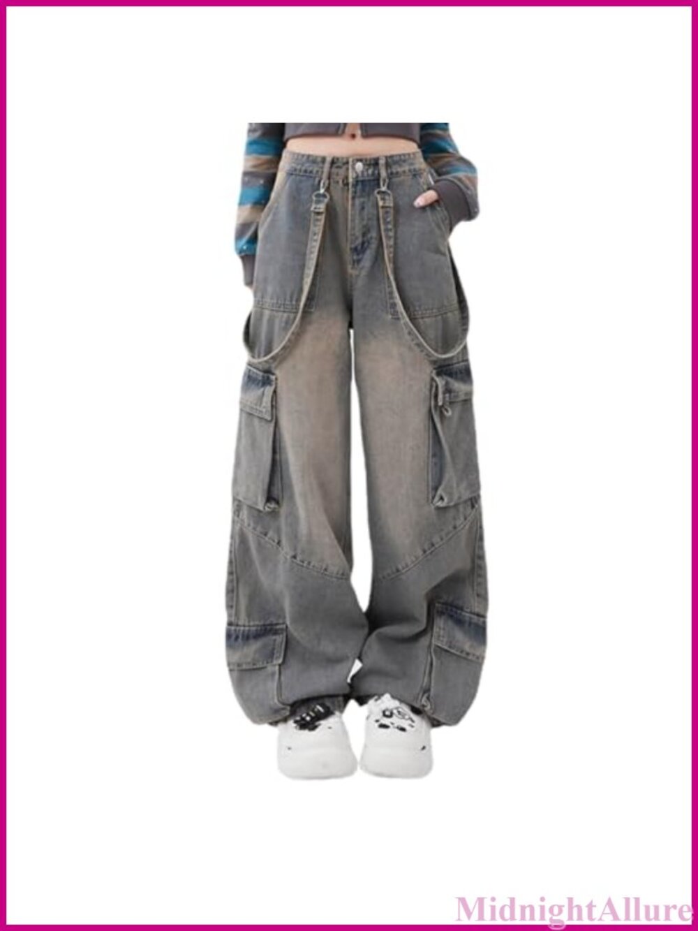 Women's Gothic Loose Multi Pocket Straight Wide Leg Washed Denim Jeans